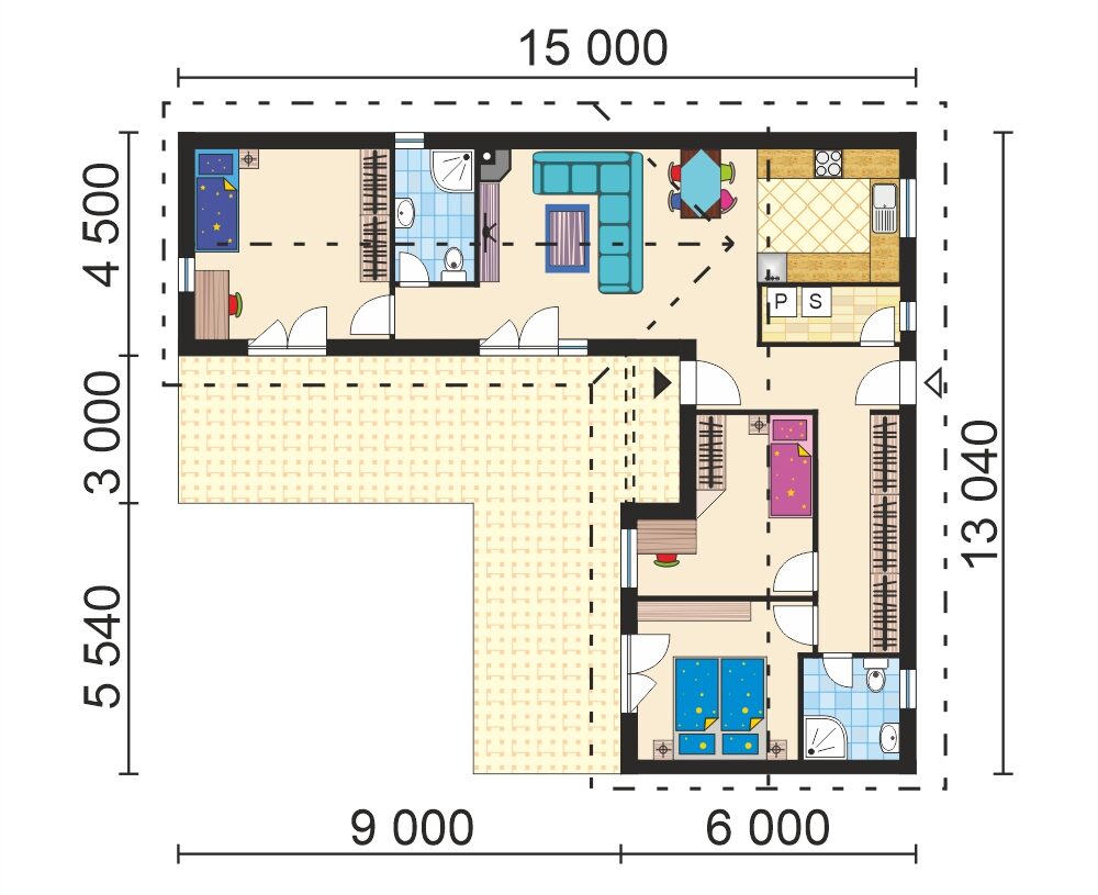 Four-room family house, L-shaped - no. 25, layout